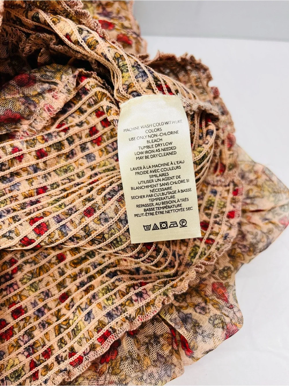 Free People Mustard Yellow Floral Ruffle Smocked Peasant Blouse